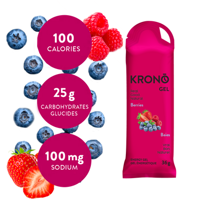 Krono Nutrition berries energy gel, composition with assorted berries in the background