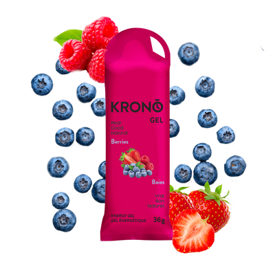 Krono Nutrition berries energy gel, assorted berries in the background