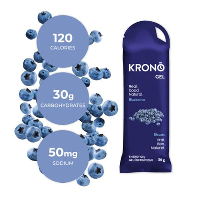 Krono Nutrition blueberries energy gel, composition with blueberries in the background