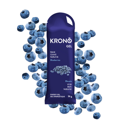 Krono Nutrition blueberries energy gel, blueberries in the background