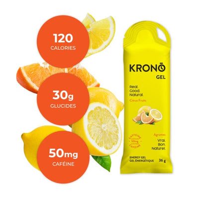 Krono Nutrition citrus fruits energy gel, composition with lemons and oranges in the background