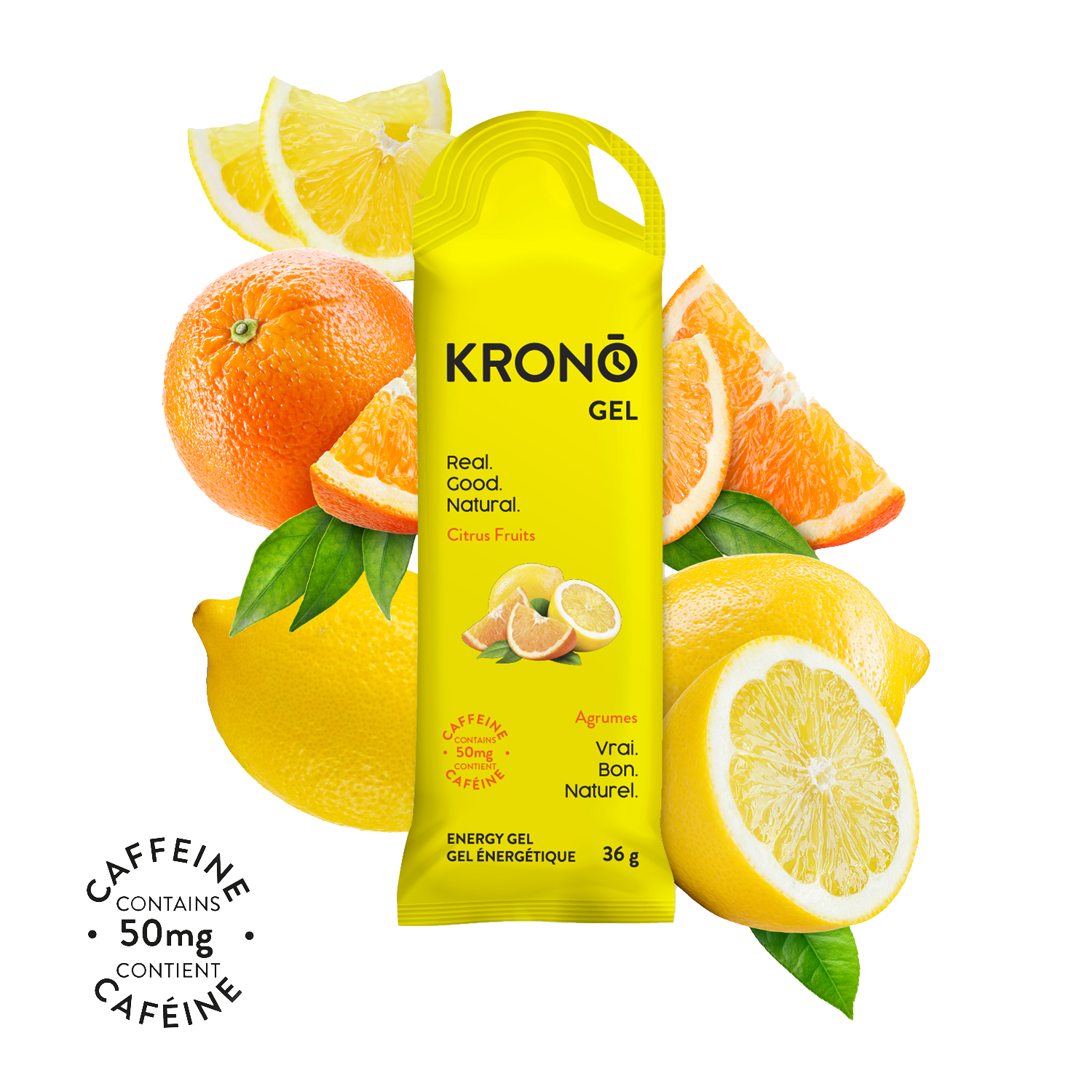 Krono Nutrition citrus fruits energy gel, lemons and oranges in the background