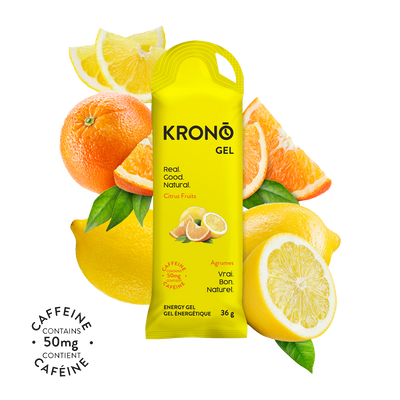 Krono Nutrition citrus fruits energy gel, lemons and oranges in the background