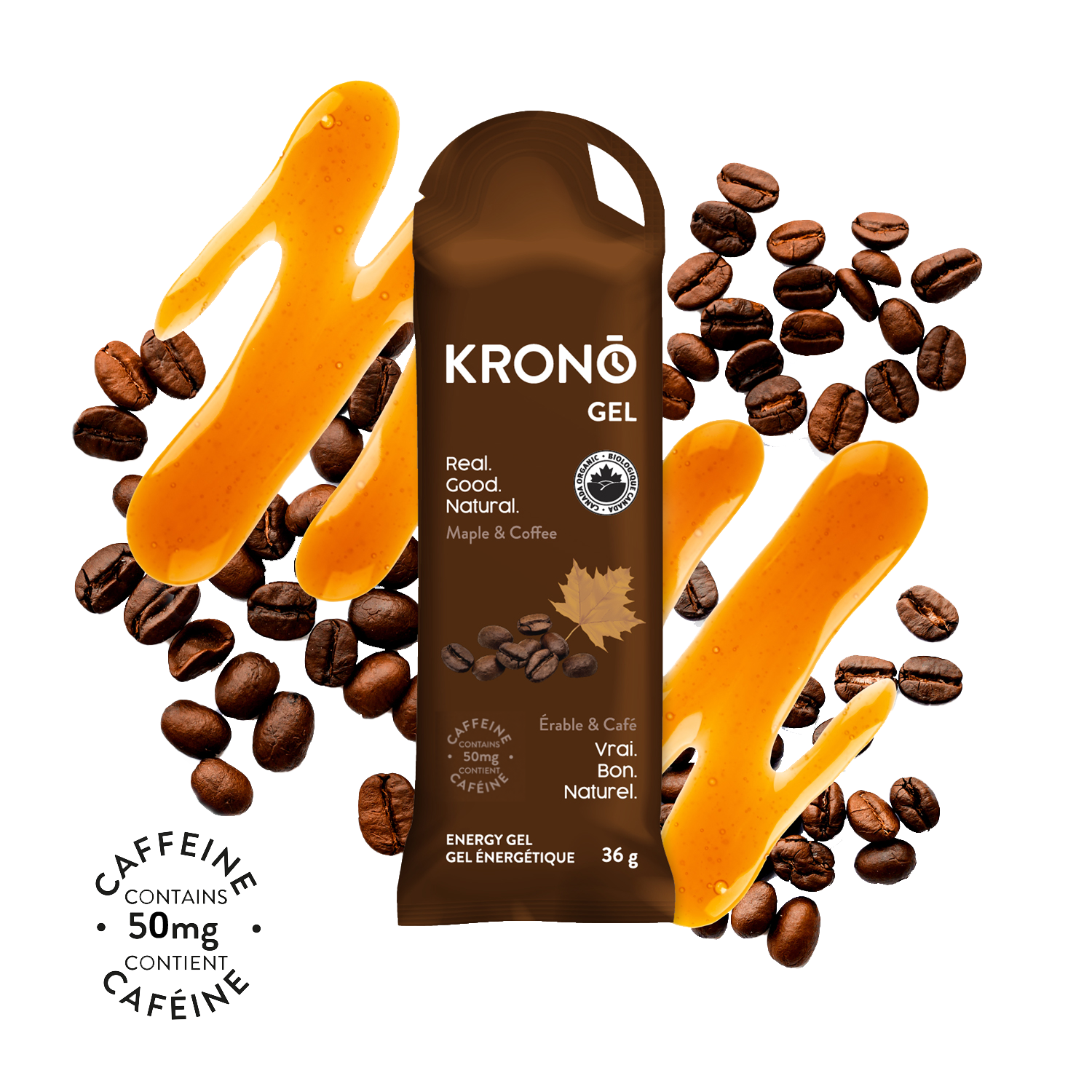 Krono Nutrition maple and coffee energy gel, maple syrup and coffee beans in the background