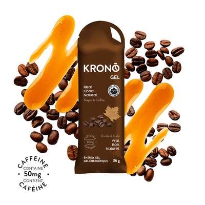 Krono Nutrition maple and coffee energy gel, maple syrup and coffee beans in the background