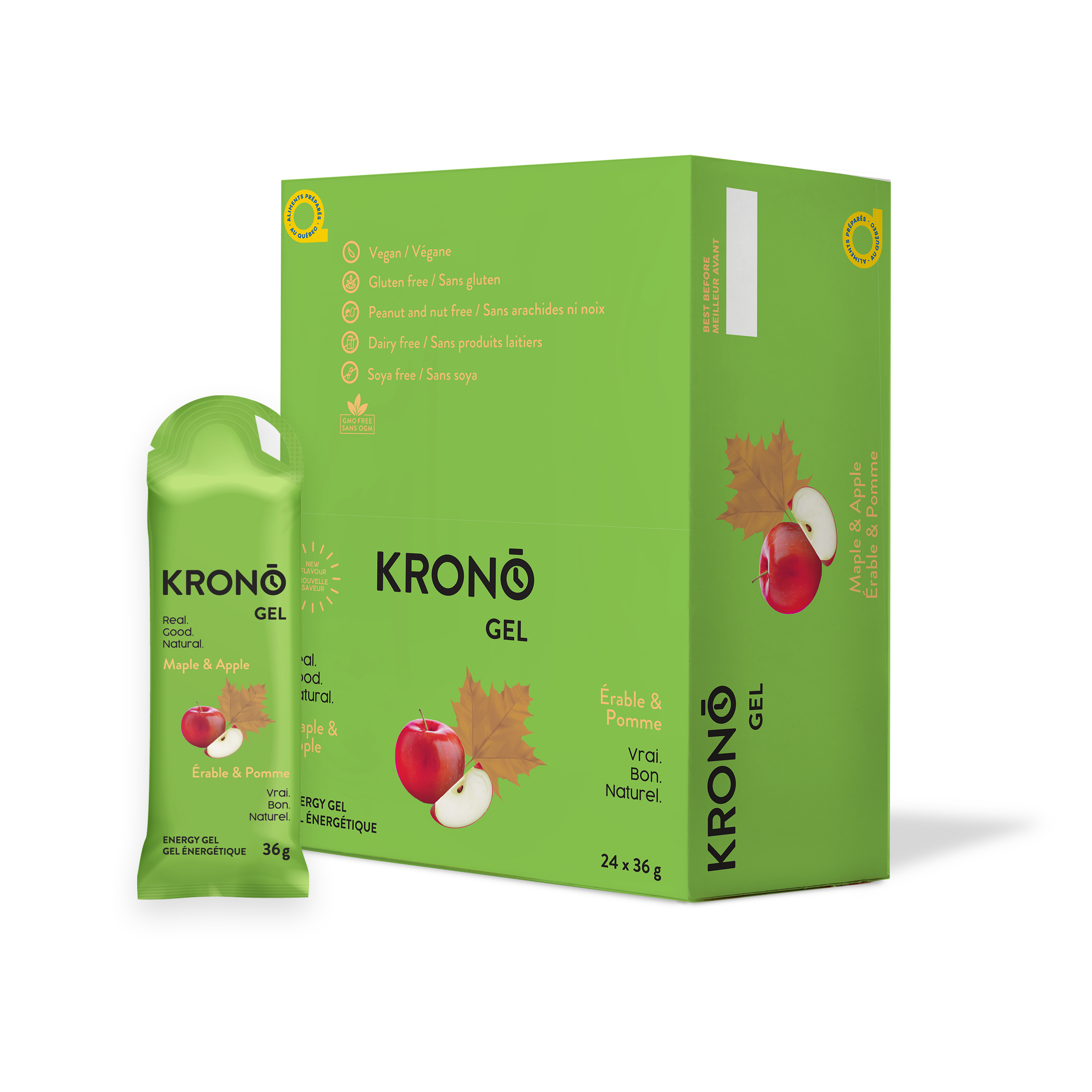 Krono Nutrition maple and apple energy gel, in a box of 24 gels