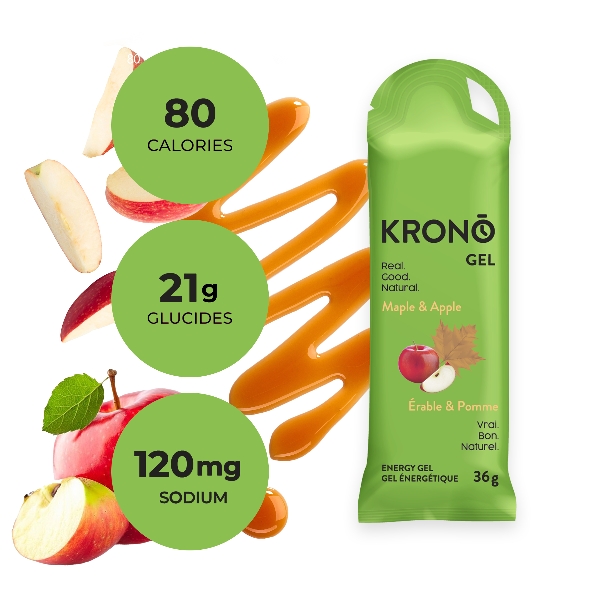 Krono Nutrition maple and apple energy gel, composition with maple syrup and apples in the background