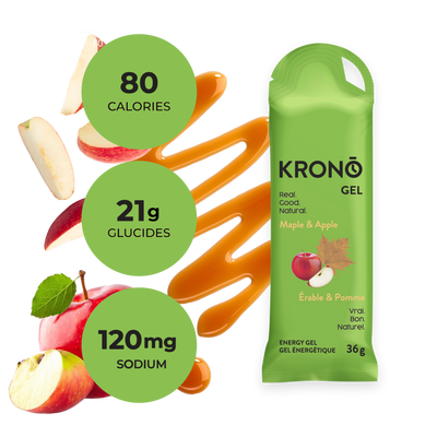 Krono Nutrition maple and apple energy gel, composition with maple syrup and apples in the background