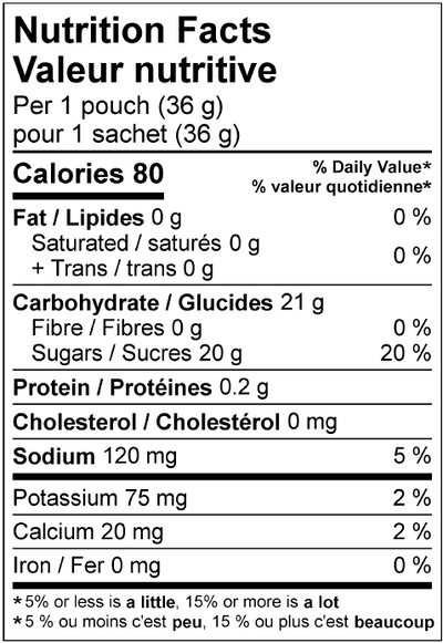 Nutrition facts for Krono Nutrition maple and apple energy gel