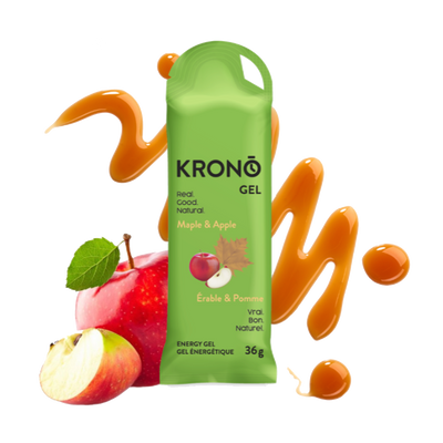 Krono Nutrition maple and apple energy gel, maple syrup and apples in the background
