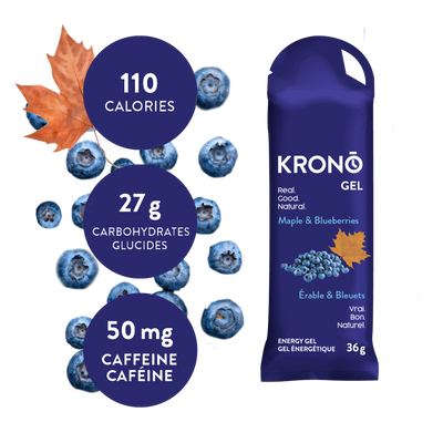 Krono Nutrition maple and blueberries energy gel, composition with maple leaf and blueberries in the background