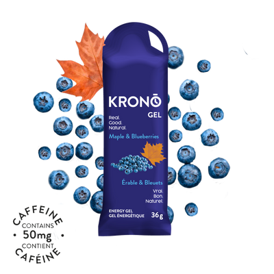 Krono Nutrition maple and blueberries energy gel, maple leaf and blueberries in the background
