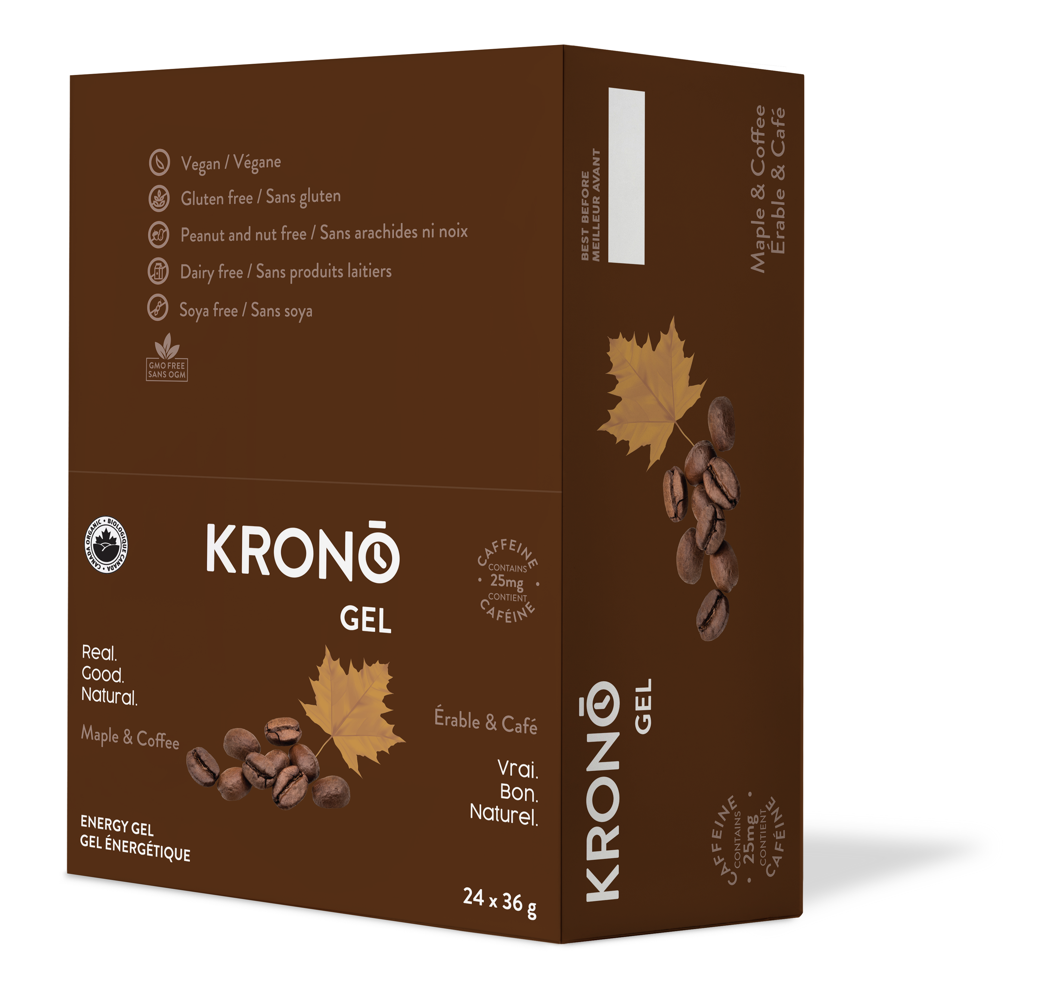 Krono Nutrition maple and coffee energy gel, in a box of 24