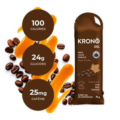 Krono Nutrition maple and coffee energy gel, composition with maple syrup and coffee beans in the background