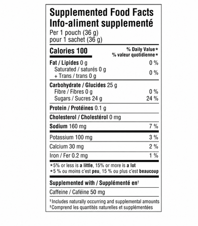 Nutrition fatcs for Krono Nutrition maple and coffee energy gel