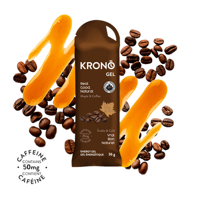 Krono Nutrition maple and coffee energy gel, maple syrup and coffee beans in the background