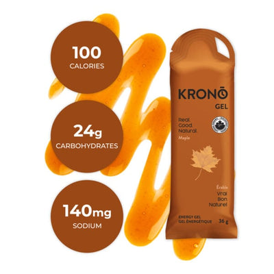 Krono Nutrition maple energy gel, composition with maple syrup in the background