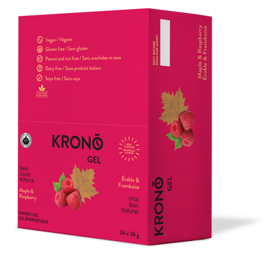 Krono Nutrition maple and raspberry energy gel, in a box of 24