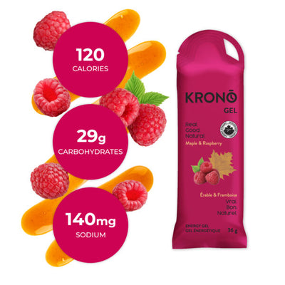 Krono Nutrition maple and raspberry energy gel, composition with maple syrup and raspberries in the background
