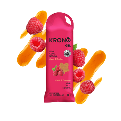 Krono Nutrition maple and raspberry energy gel, maple syrup and raspberries in the background