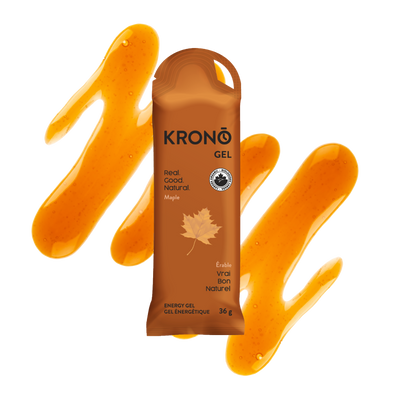 Krono Nutrition maple energy gel, maple syrup in the background