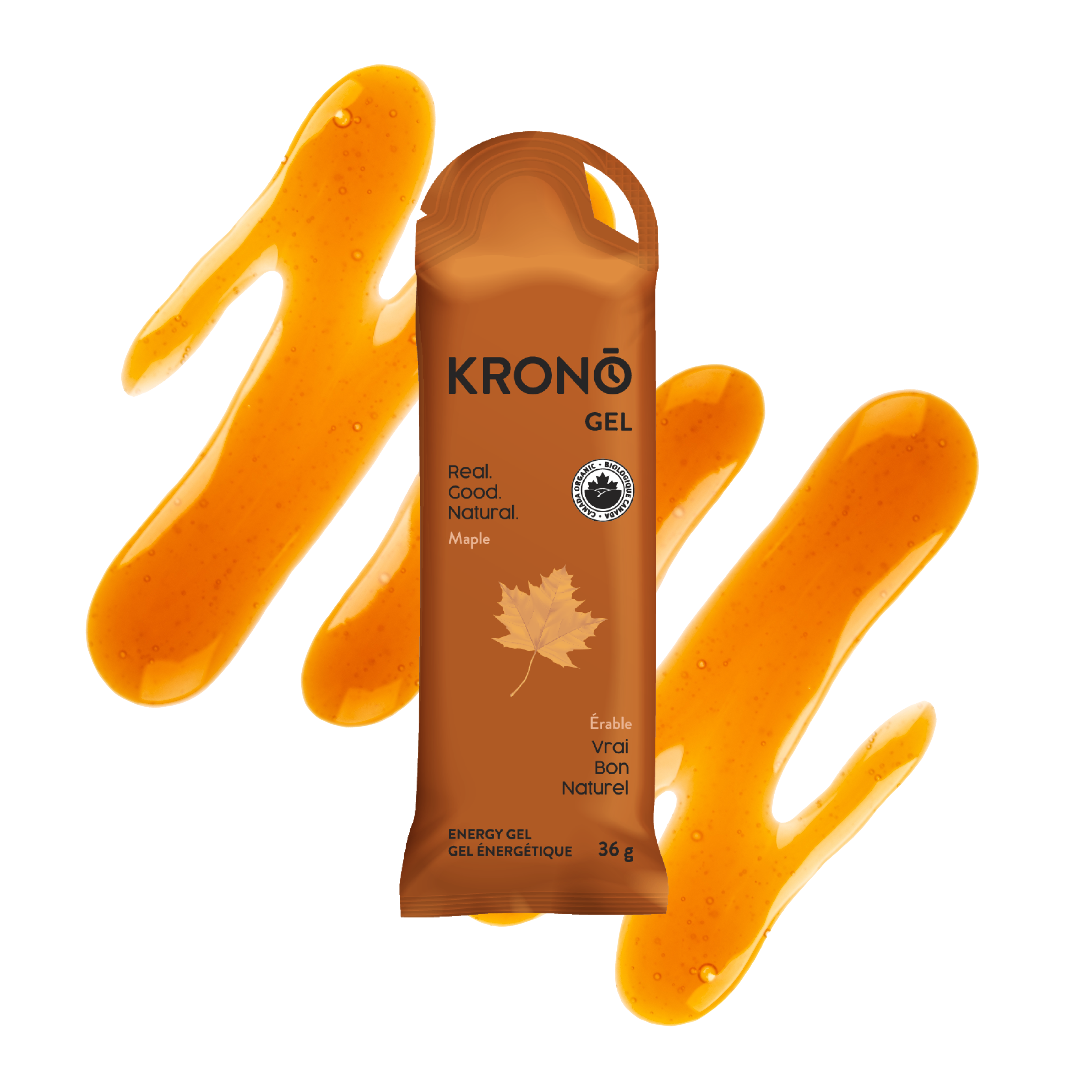 Krono Nutrition maple energy gel, maple syrup in the background