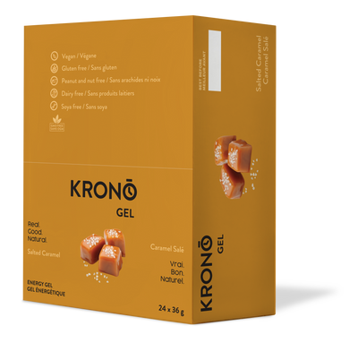 Krono Nutrition salted caramel energy gel, in a box of 24