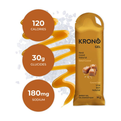 Krono Nutrition salted caramel energy gel, composition with caramel syrup and salt in the background