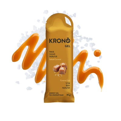 Krono Nutrition salted caramel energy gel, caramel syrup and salt in the background