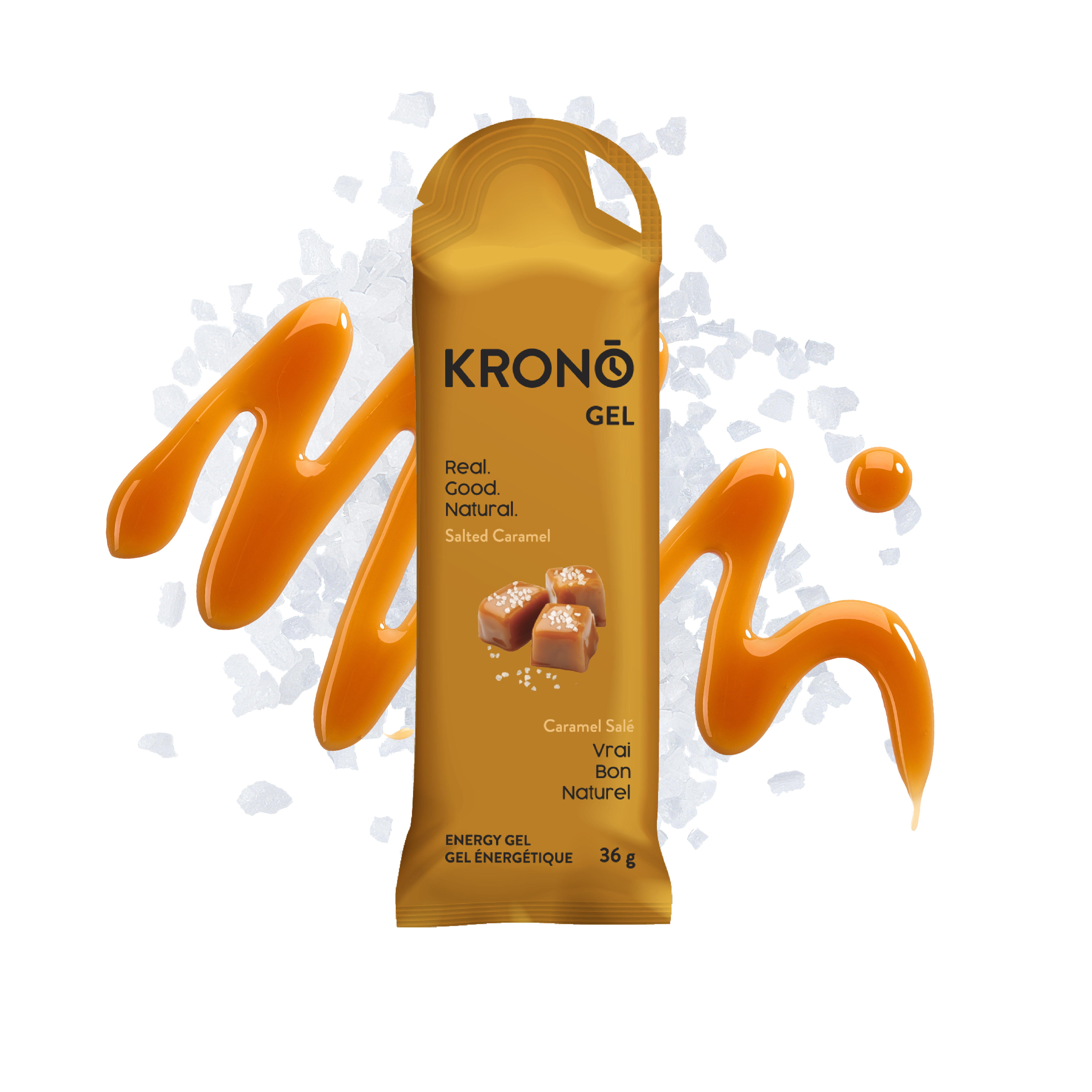 Krono Nutrition salted caramel energy gel, caramel syrup and salt in the background