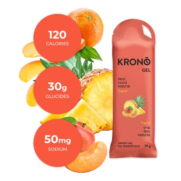 Krono Nutrition tropical energy gel, composition with tropical fruits in the background