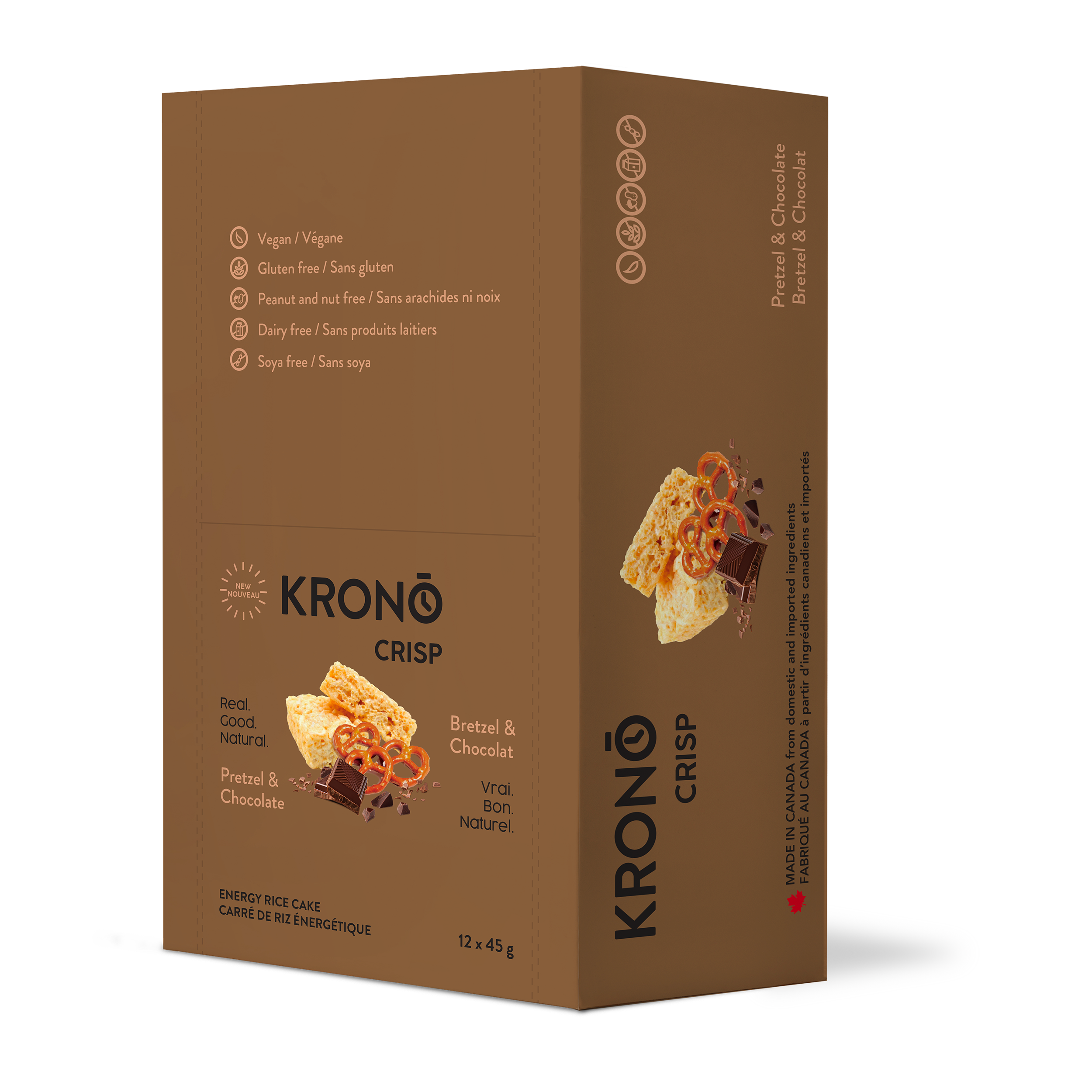 Krono Nutrition pretzel and chocolate energy rice cakes, in a box of 12 cakes