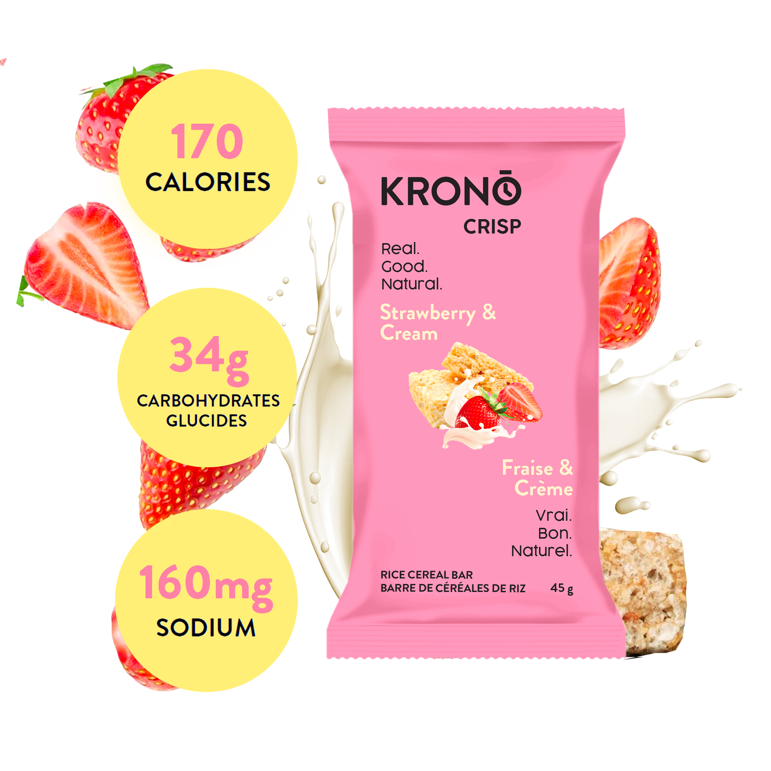 Krono Nutrition strawberry and cream energy rice cakes, composition with strawberries and milk in the background