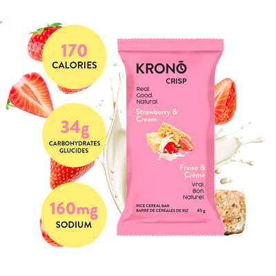 Krono Nutrition strawberry and cream energy rice cakes, composition with strawberries and milk in the background