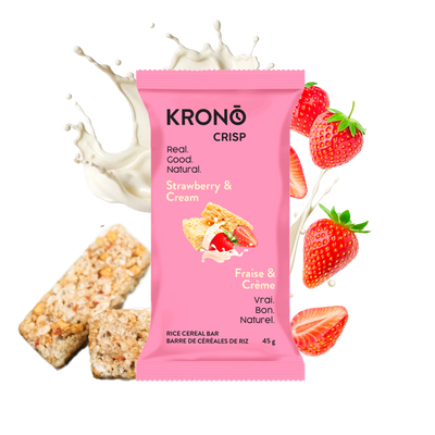 Krono Nutrition strawberry and cream energy rice cakes, strawberries and milk in the background