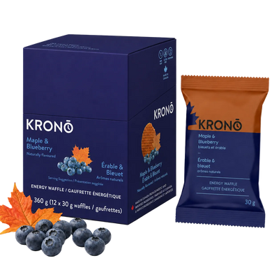 Krono Nutrition maple and blueberry energy waffle, in a box of 12 waffles, with a maple leaf and blueberries next to the box