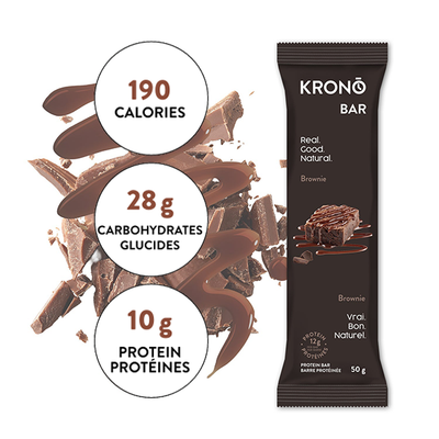 Krono Nutrition crunchy salted caramel protein bar, composition with chocolate in the background