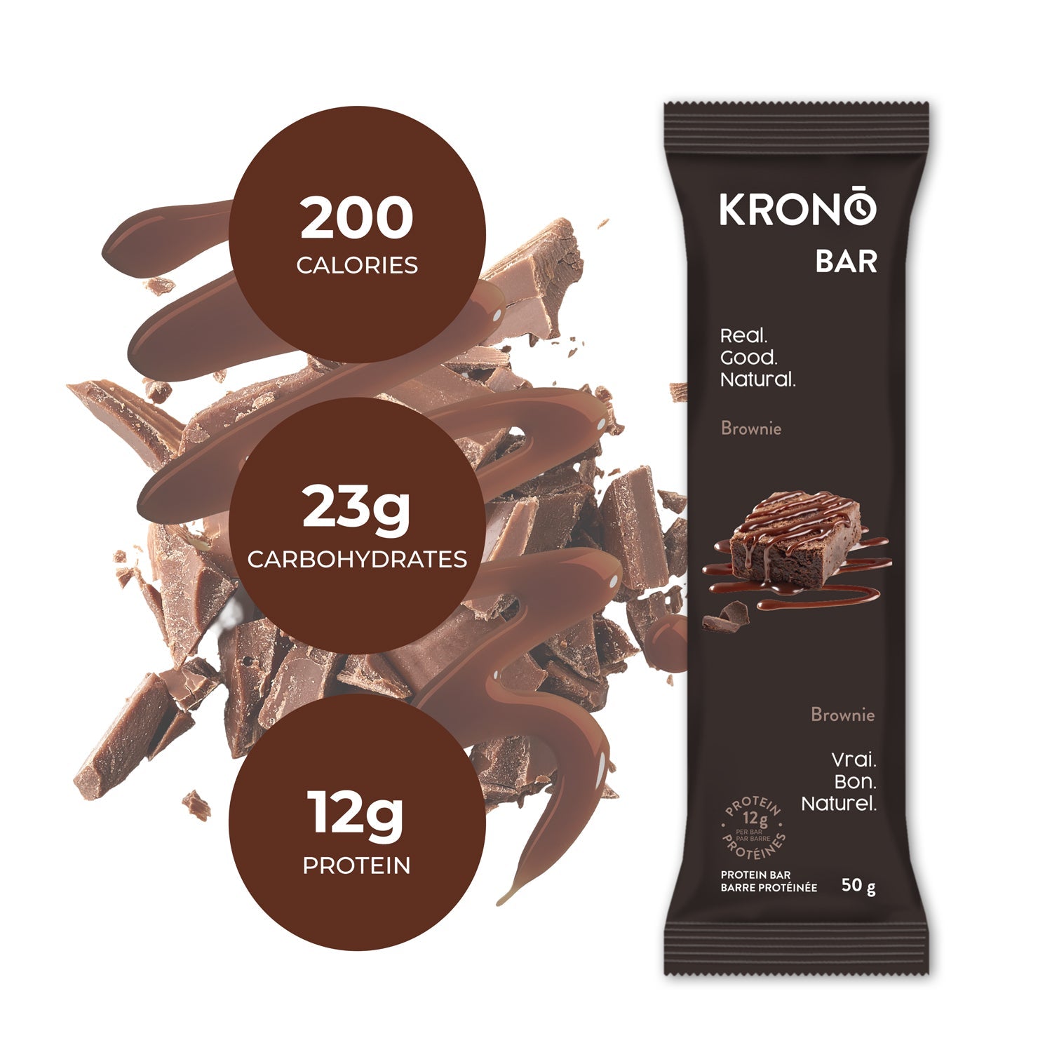 Krono Nutrition brownie protein bar, composition with chocolate in the background
