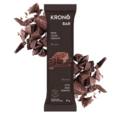 Krono Nutrition brownie protein bar, chocolate in the background