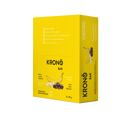 Krono Nutrition chocolate and banana protein bar, in a box of 12