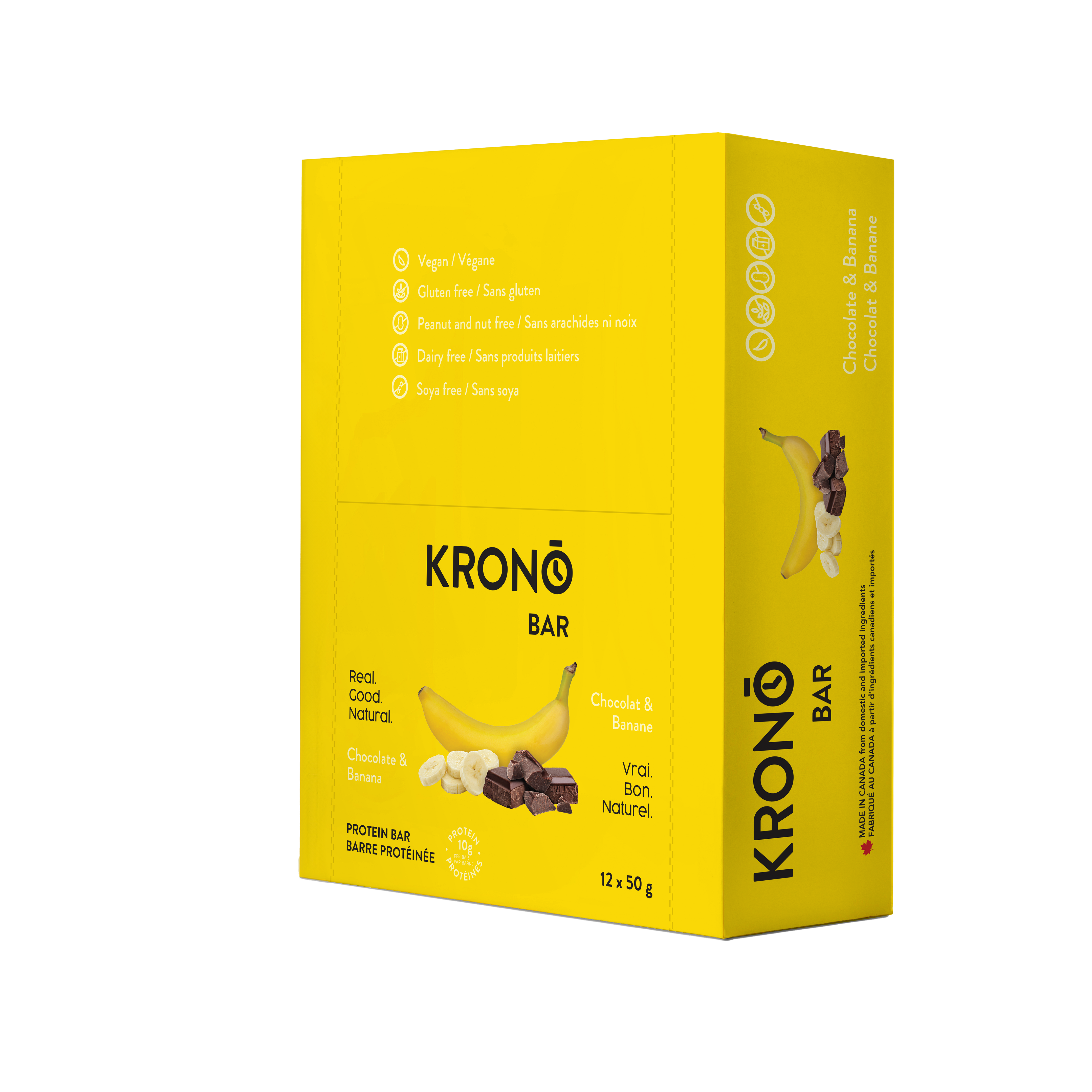 Krono Nutrition chocolate and banana protein bar, in a box of 12