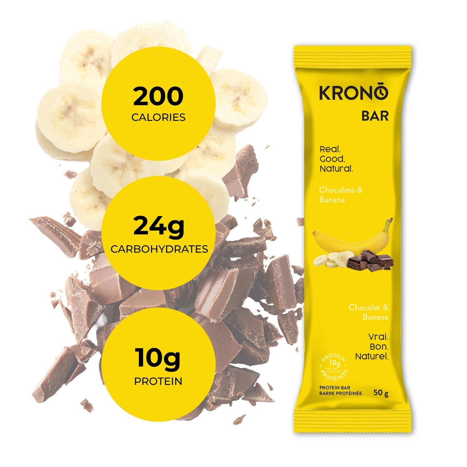 Krono Nutrition chocolate and banana protein bar, composition with bananas and chocolate in the background