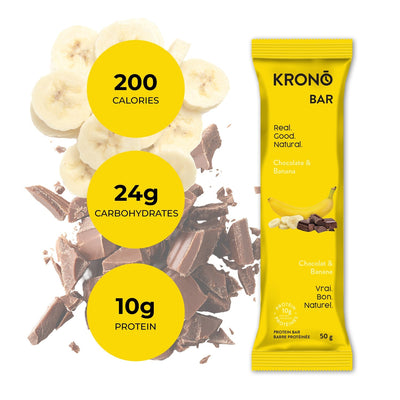 Krono Nutrition chocolate and banana protein bar, composition with bananas and chocolate in the background