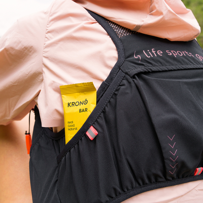 Krono Nutrition chocolate and banana protein bar, taken out for a run in a running vest