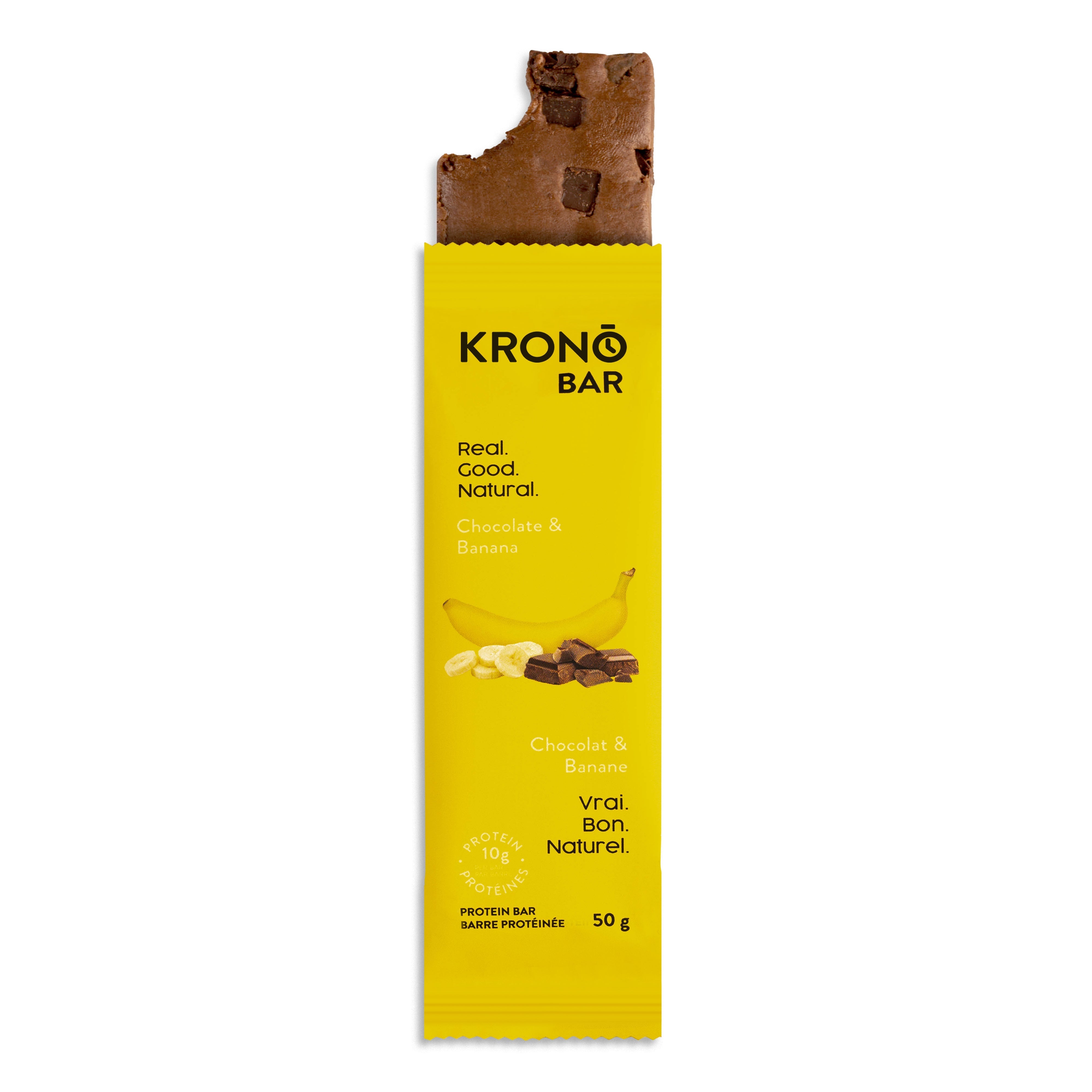 Krono Nutrition chocolate and banana protein bar with a bite taken out of it