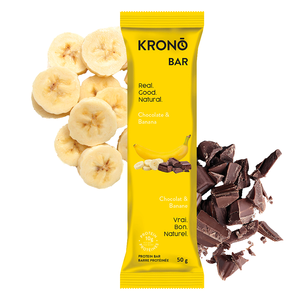 Krono Nutrition chocolate and banana protein bar, bananas and chocolate in the background
