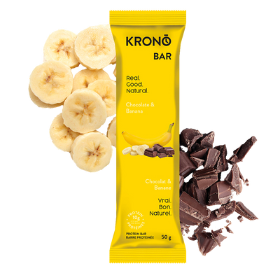 Krono Nutrition chocolate and banana protein bar, bananas and chocolate in the background
