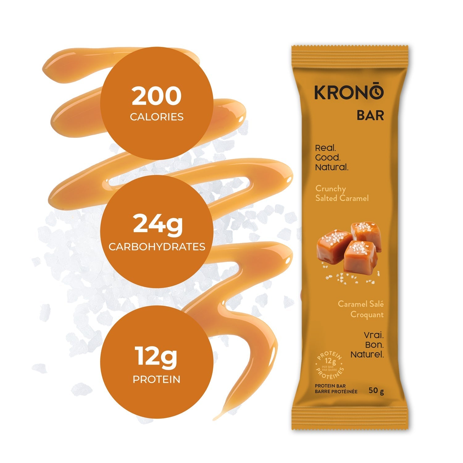 Krono Nutrition crunchy salted caramel protein bar, composition with caramel and salt in the background