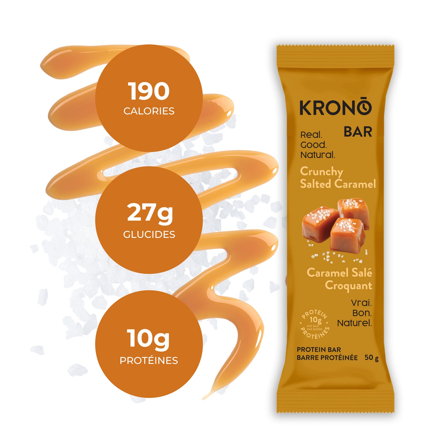 Krono Nutrition crunchy salted caramel protein bar, composition with caramel and salt in the background