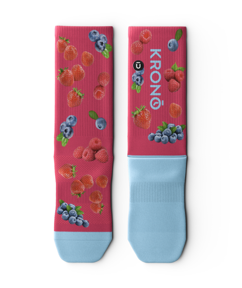 Pair of Krono Nutrition wild berries socks OUTWAY, laying flat